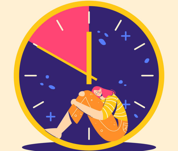 Illustration of depressed woman curled up in front of large clock